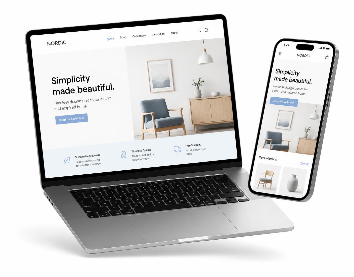 Moderne nettside fra Nordlys Studio vist på laptop og mobil